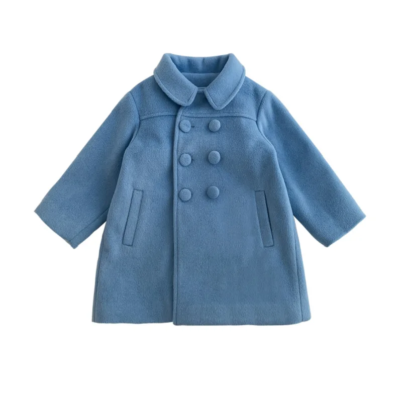 

2021 Winter Autumn Cute Baby Girls Long Coats Cotton Warm Outerwear Woolen Cloth Jacket Buttons Formal Soft Party Kids Clothing