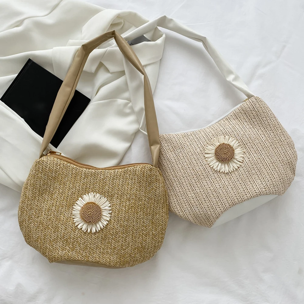 

Women's Bag Vintage Summer Woven Sunflower Shoulder Underarm Straw Bag Ladies Beach Vacation Large Shopper Tote Handbags