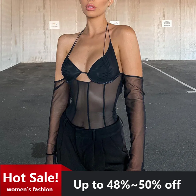 Low Cut Mesh Top Halter Neck Off Shoulder Open Back Flared Sleeve Bandage See Through Tops Summer party black sleeve Tee female
Low Cut Mesh Top Halter Neck Off Shoulder Open Back Flared Sleeve Bandage See Through Tops Summer party black sleeve Tee female
