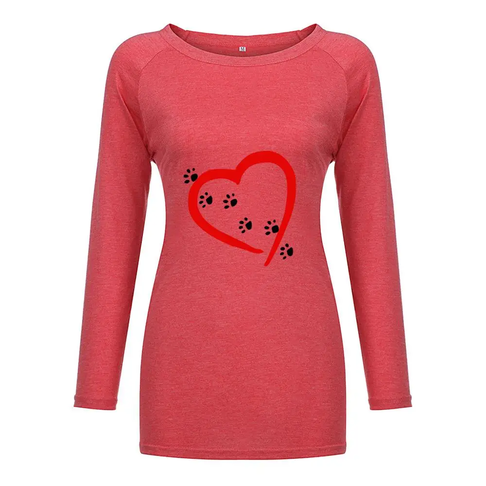 Funny love dog feet printed round neck long sleeve T-shirt for women
Funny love dog feet printed round neck long sleeve T-shirt for women