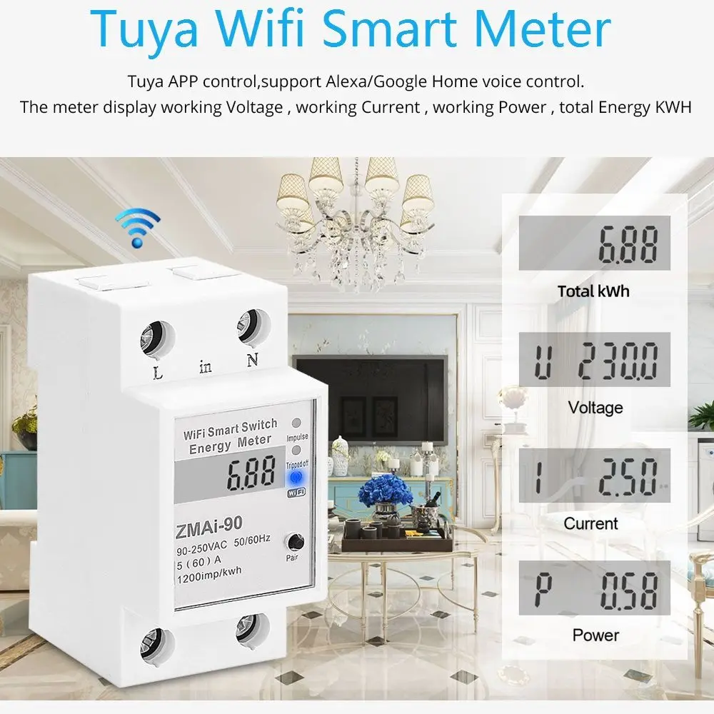 WiFi Smart Power Energy Meter Consumption Watt kWh Meter Voltmeter 90-250V Din Rail Remote Switch Control TUYA Alexa Google Home
WiFi Smart Power Energy Meter Consumption Watt kWh Meter Voltmeter 90-250V Din Rail Remote Switch Control TUYA Alexa Google Home