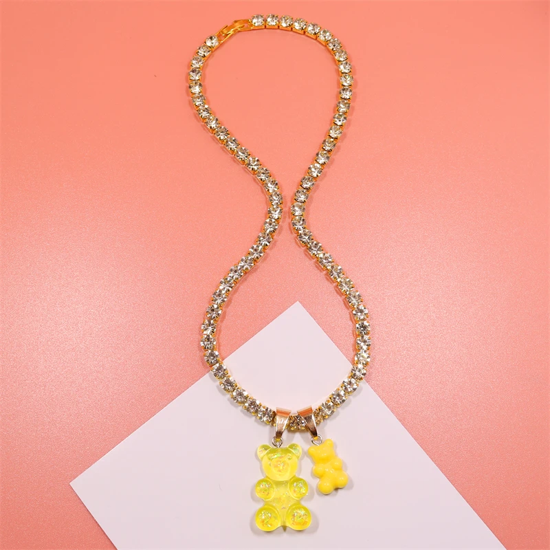 Handmade Rhinestone Colorful Jelly Teddy Bear Charm Necklace Hip Hop Gummy Pendant Crystal Gold Color Chain Necklace Jewelry
Handmade Rhinestone Colorful Jelly Teddy Bear Charm Necklace Hip Hop Gummy Pendant Crystal Gold Color Chain Necklace Jewelry