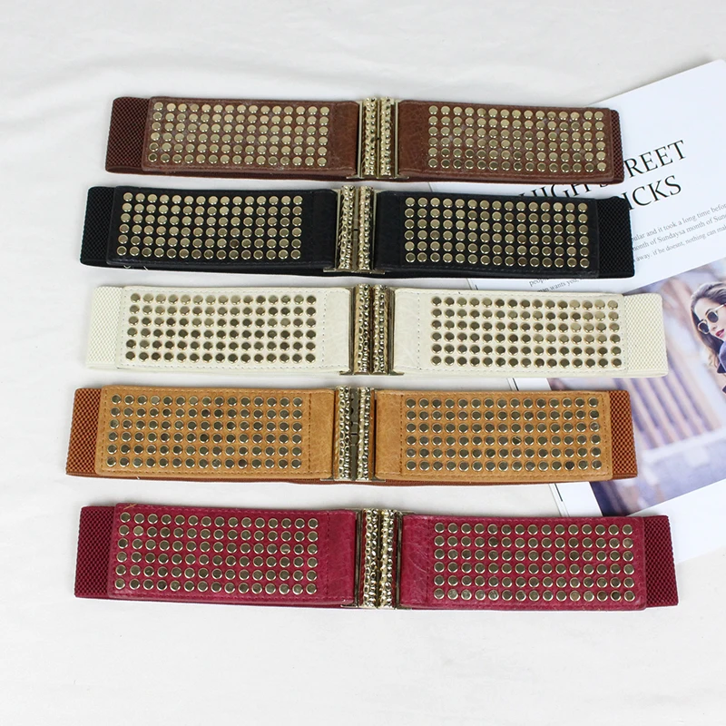 Elastic elastic wide waist seal female rivet decorative shirt dress coat European and American waist closing retro belt
Elastic elastic wide waist seal female rivet decorative shirt dress coat European and American waist closing retro belt
