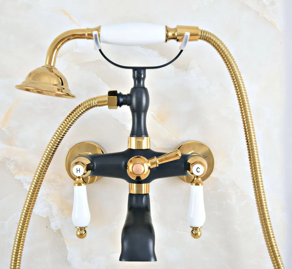 Black Gold Color Brass Wall Mount Bathroom Tub Faucet Dual Ceramic Levers Telephone Style Hand Shower Clawfoot Tub Filler ana412 
Black Gold Color Brass Wall Mount Bathroom Tub Faucet Dual Ceramic Levers Telephone Style Hand Shower Clawfoot Tub Filler ana412