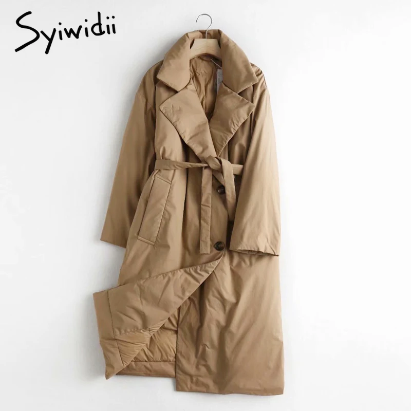 Syiwidii Woman Long Parkas Cotton Casual Warm Fall 2021 Loose Clothing for Women Jacket Single Breasted Winter Coats with Belt | Женская