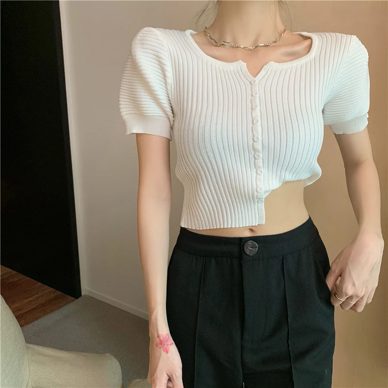 2021Summer Short Puff sleeve Knitted short sleeves Cardigan Women T-shirt Slim Solid Sexy Lady Tshirt Tops
2021Summer Short Puff sleeve Knitted short sleeves Cardigan Women T-shirt Slim Solid Sexy Lady Tshirt Tops