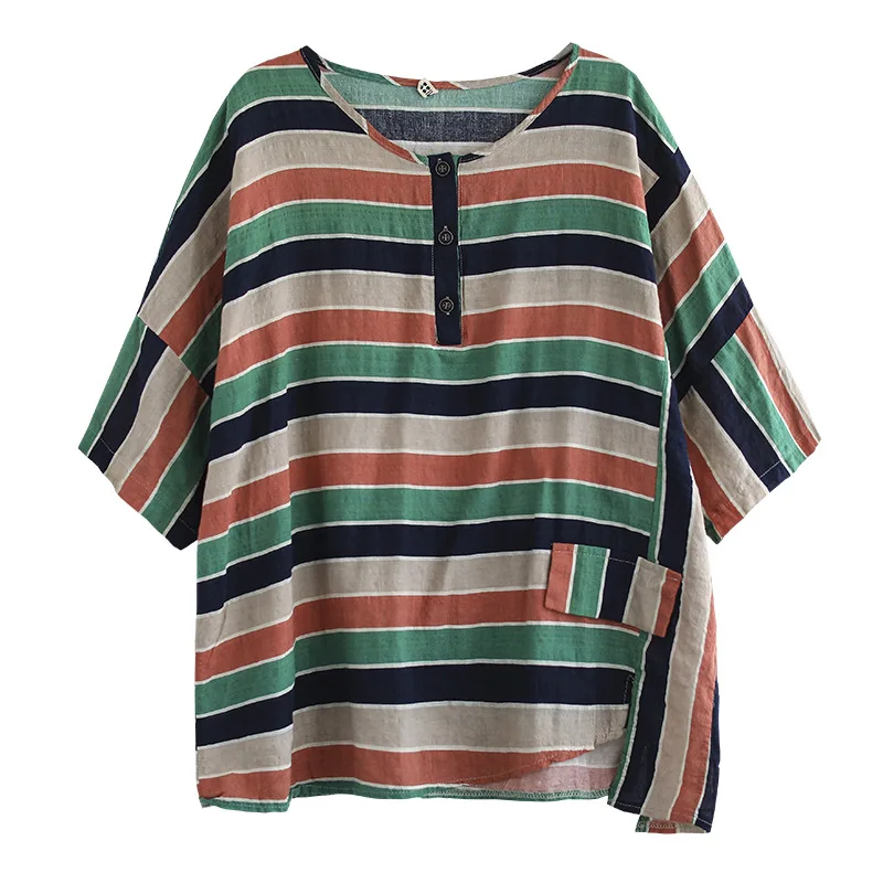 Summer Vintage Art Pullover Tshirt Women Short Sleeve Casual Cotton Linen Strip Tops Blouse Mujer De Moda Tunic T Shirt Blusas
Summer Vintage Art Pullover Tshirt Women Short Sleeve Casual Cotton Linen Strip Tops Blouse Mujer De Moda Tunic T Shirt Blusas