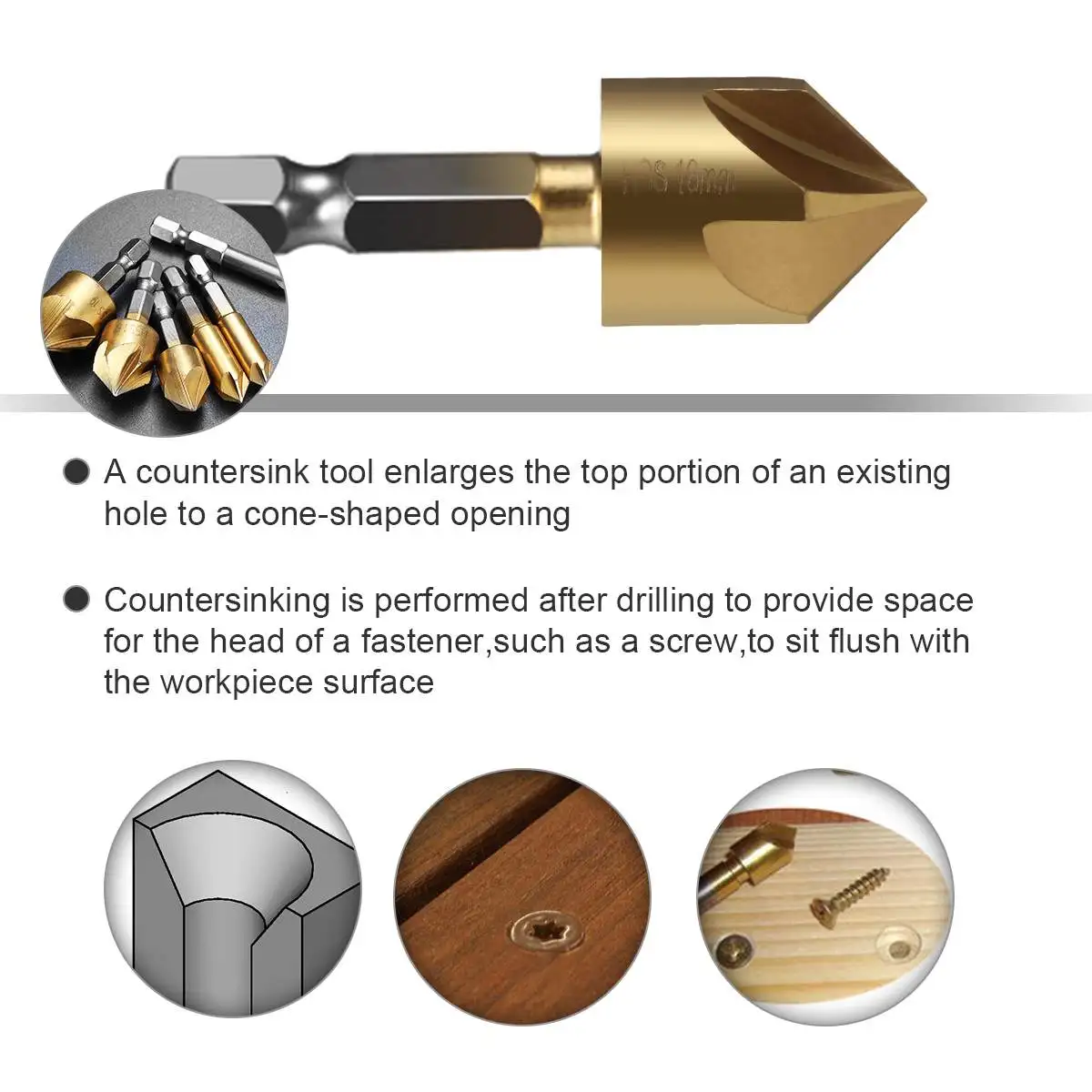 6 Pcs Countersink Drill Bit Set 1/4'' Hex Shank HSS 5 Flute Countersink 90 Degree Wood Chamfering Cutter Chamfer 6mm-19mm
6 Pcs Countersink Drill Bit Set 1/4'' Hex Shank HSS 5 Flute Countersink 90 Degree Wood Chamfering Cutter Chamfer 6mm-19mm