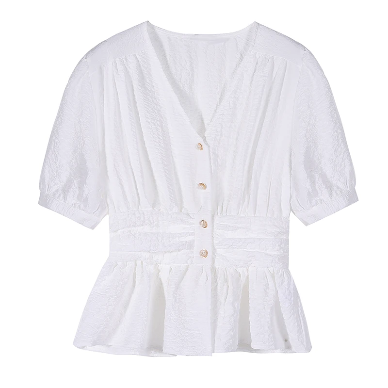 Zoki Elegant Women Blouse Summer White Short Sleeve Fashion Tunic Single Breasted Shirt Casual Sexy V Neck European Female Tops 
Zoki Elegant Women Blouse Summer White Short Sleeve Fashion Tunic Single Breasted Shirt Casual Sexy V Neck European Female Tops