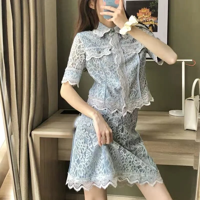 Summer New Lace Two Piece Set Women Skirt Suits Sweet Hollow Out Shirt Tops + High Waist A-Line Hook Flower Skirts Set Outfits
Summer New Lace Two Piece Set Women Skirt Suits Sweet Hollow Out Shirt Tops + High Waist A-Line Hook Flower Skirts Set Outfits