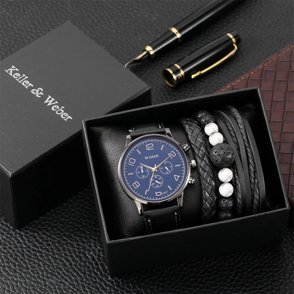 

Keller & Weber Men Bracelet Watch Sets Male Birthday Gift Quartz Men's Wristwatch Present with 3 pcs Bracelets Gift Box Set 2021