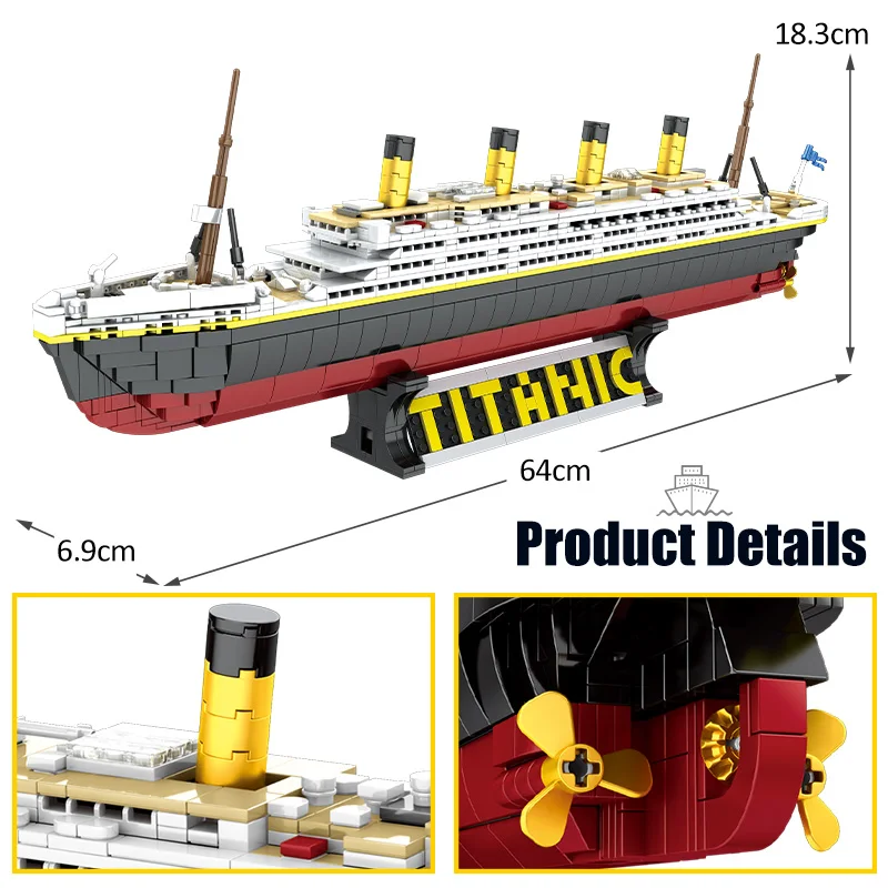 1333Pcs City Titanic Ship 3D Model Building Blocks Technica Creator Movie Cruise Ship Boat Assemble Bricks Toys for Children
1333Pcs City Titanic Ship 3D Model Building Blocks Technica Creator Movie Cruise Ship Boat Assemble Bricks Toys for Children