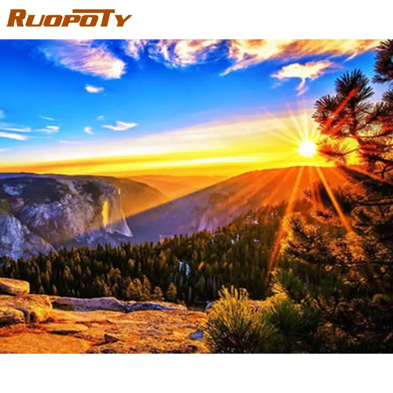 

RUOPOTY Frame DIY Painting By Number Mountain Sunrise Scenery Picture By Numbers Acrylic Paints Wall Art Picture For Home Decors