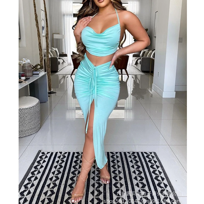 Summer 2021 two piece set Women's Sexy Solid Slim Suit Halter Spaghetti Strap V-neck Backless Top Bandage Irregular Skirt Suit
Summer 2021 two piece set Women's Sexy Solid Slim Suit Halter Spaghetti Strap V-neck Backless Top Bandage Irregular Skirt Suit
