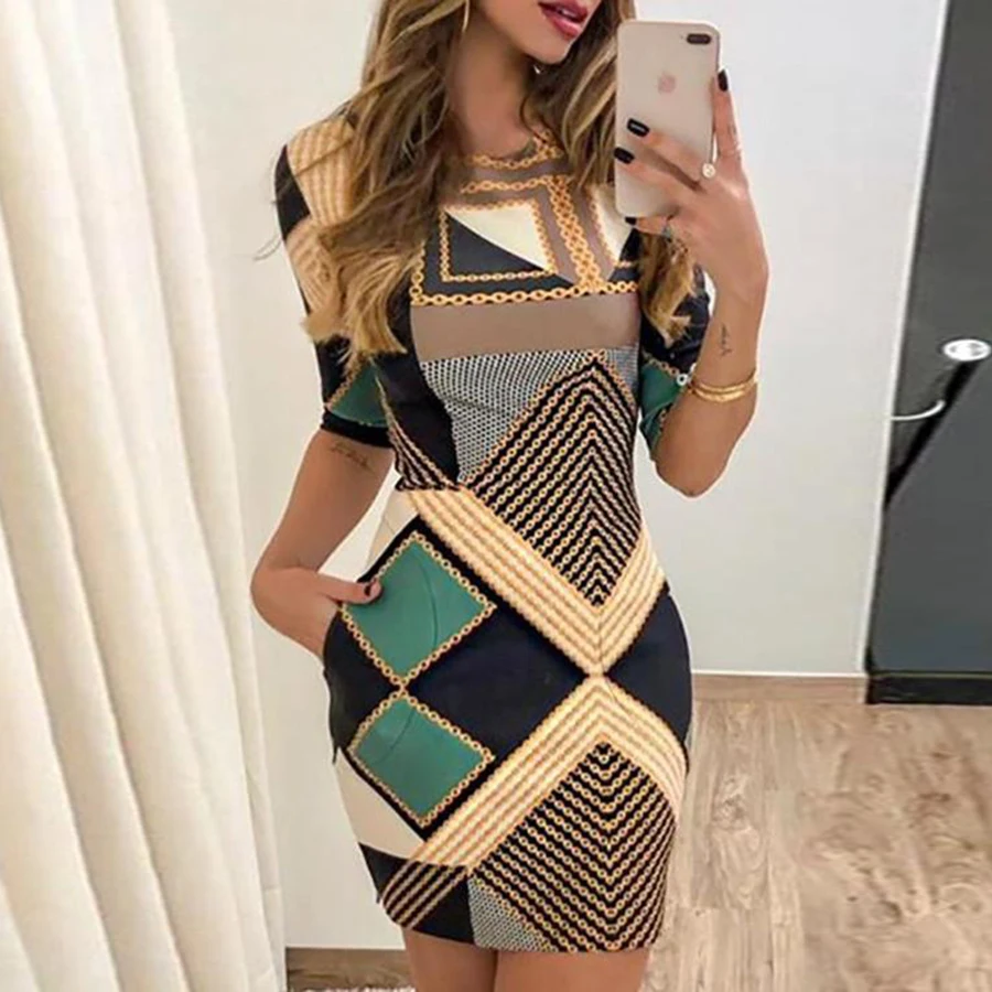 Women Dress Spring and Autumn Fashion Geometry Print Slim Round Neck Short-Sleeved Dress Elegant Ladies Party Mini Dress
Women Dress Spring and Autumn Fashion Geometry Print Slim Round Neck Short-Sleeved Dress Elegant Ladies Party Mini Dress