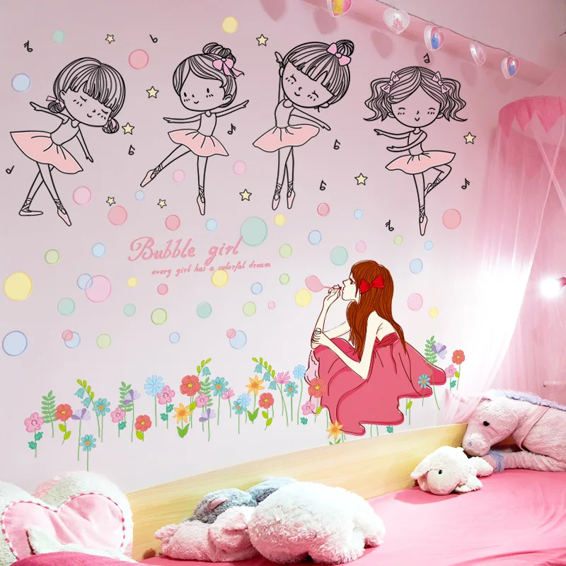 

[shijuekongjian] Cartoon Girl Bubbles Wall Stickers DIY Ballet Dancers Mural Decals for House Kids Rooms Baby Bedroom Decoration
