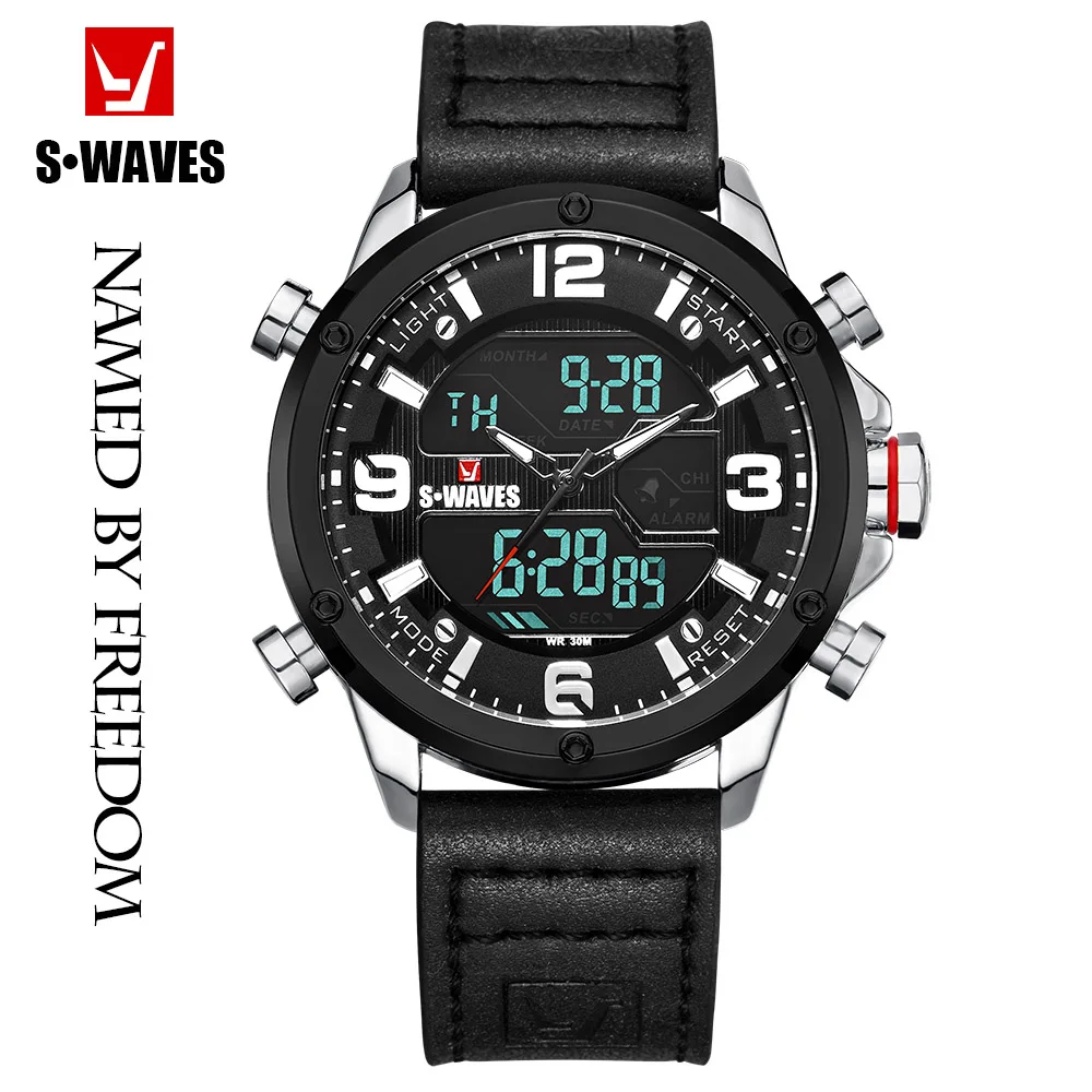 Мужские наручные часы SWAVES с двойным дисплеем, кожаные, водонепроницаемые, серебристо-черные, кварцевые, новые, аналоговые, цифровые 
Мужские наручные часы SWAVES с двойным дисплеем, кожаные, водонепроницаемые, серебристо-черные, кварцевые, новые, аналоговые, цифровые