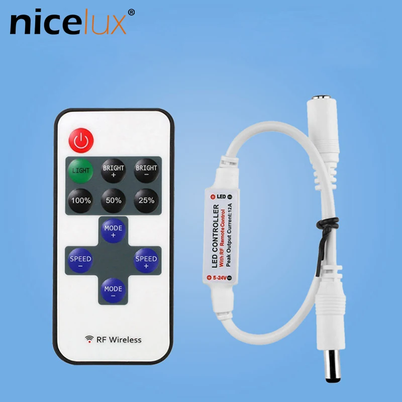 SMD COB LED Strip Single Color Led Controller With 11-key RF Remote Control Dimmer DC5-24V For 3528 2835 Single Color Led Strips
SMD COB LED Strip Single Color Led Controller With 11-key RF Remote Control Dimmer DC5-24V For 3528 2835 Single Color Led Strips