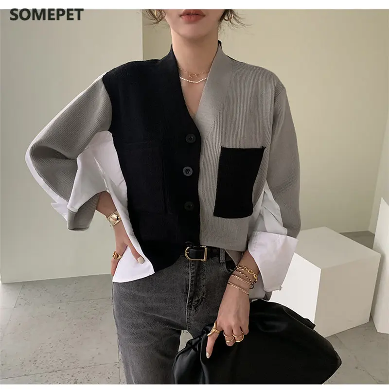 Korean Style Fashion Patchwork Chic Brief Autumn Basic New Knitted Women V-Neck Cardigans Color-Hit Sweaters 
Korean Style Fashion Patchwork Chic Brief Autumn Basic New Knitted Women V-Neck Cardigans Color-Hit Sweaters
