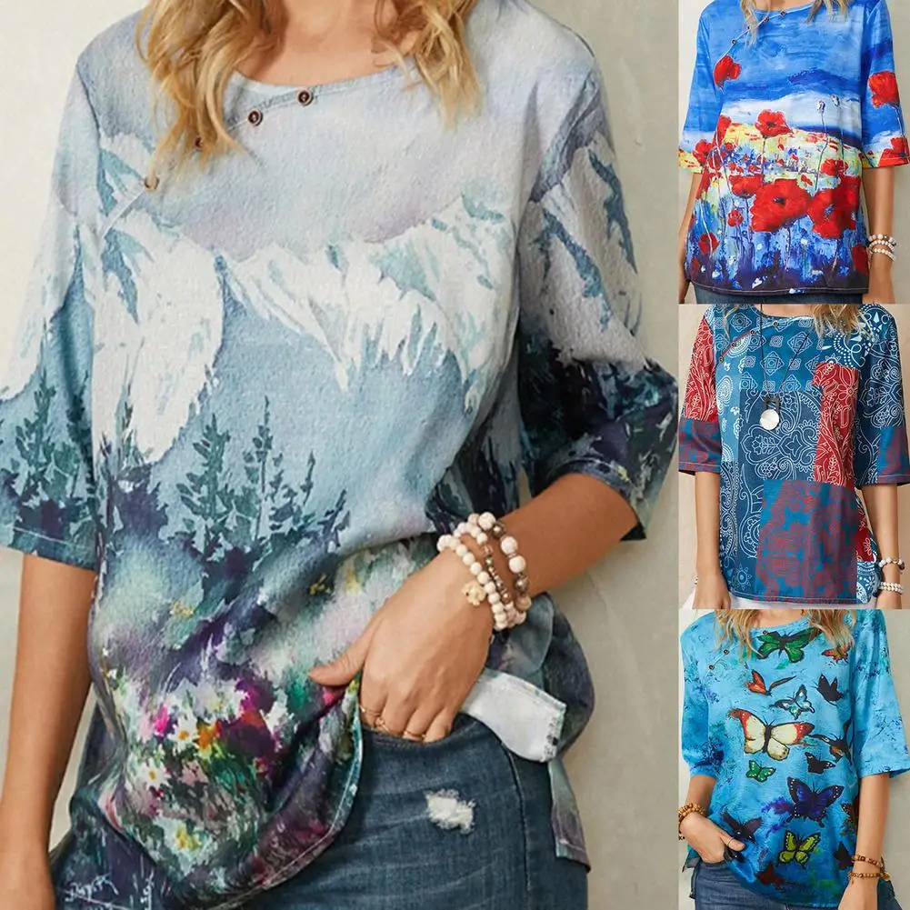 2021 Summer Ladies Round Neck Print T Shirt Button Pastoral Style Middle Sleeve Blouse Casual Butterfly Printing Tees Top Soft
2021 Summer Ladies Round Neck Print T Shirt Button Pastoral Style Middle Sleeve Blouse Casual Butterfly Printing Tees Top Soft