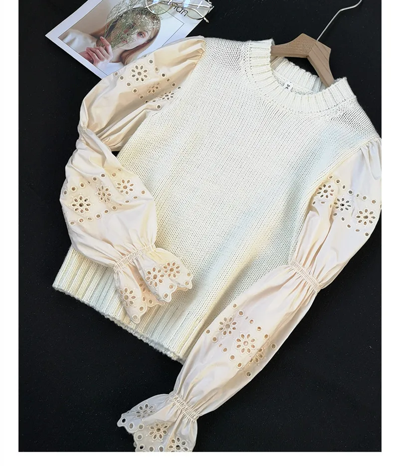 Women Patchwork Knit Sweater Lady O-Neck Hollow Out Puff Long Sleeve Fashion Knitwear Female Pullover Tops 2021 Early Spring
Women Patchwork Knit Sweater Lady O-Neck Hollow Out Puff Long Sleeve Fashion Knitwear Female Pullover Tops 2021 Early Spring