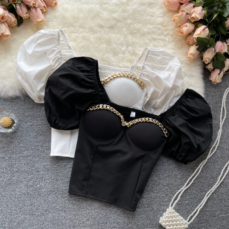 Vintage Chain decoration square collar elegant puff sleeve shirt blouse tops female summer slim Tube short shirt women tops
Vintage Chain decoration square collar elegant puff sleeve shirt blouse tops female summer slim Tube short shirt women tops
