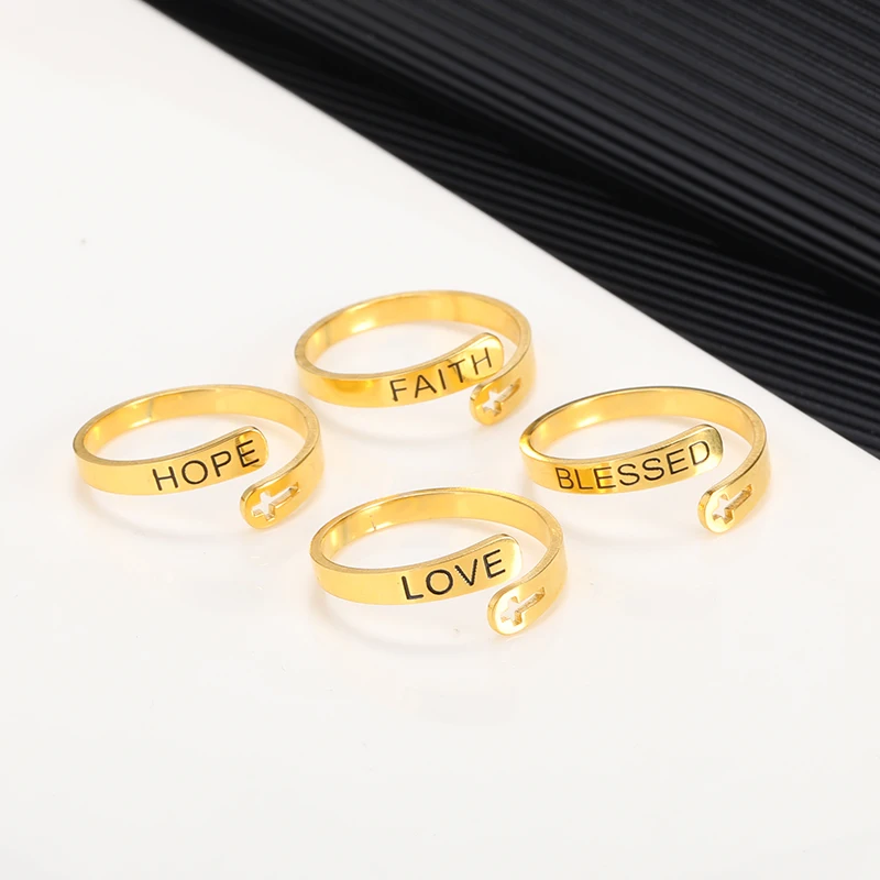 Adjustable Stainless Steel Ring Engraved Hope Love Blessed Faith and Cross Rings For Women Men Couple Party Jewelry Baptism Gift
Adjustable Stainless Steel Ring Engraved Hope Love Blessed Faith and Cross Rings For Women Men Couple Party Jewelry Baptism Gift