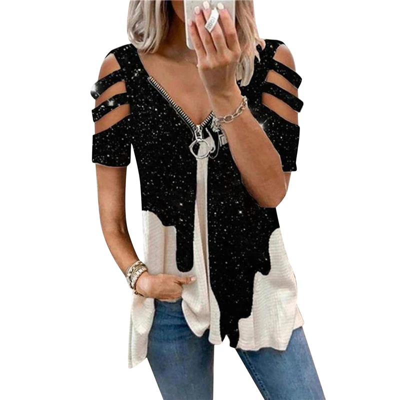 Summer Female T-Shirt V-Neck Casual Print Pullover Summer Loose All-Match Ladies Zipper Pullover Hollow Sleeves T-Shirt
Summer Female T-Shirt V-Neck Casual Print Pullover Summer Loose All-Match Ladies Zipper Pullover Hollow Sleeves T-Shirt