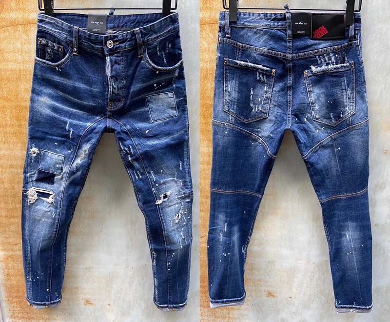 Джинсы бренда dsq мужские синие джинсовые брюки облегающие на пуговицах