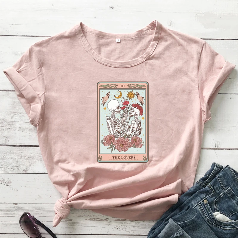 The Lovers Tarot Card Colored T-shirt Mystical Sun And Moon Witchy Skeleton Couple Top Fashion Women Valentine's Day Gift Tshirt | Женская