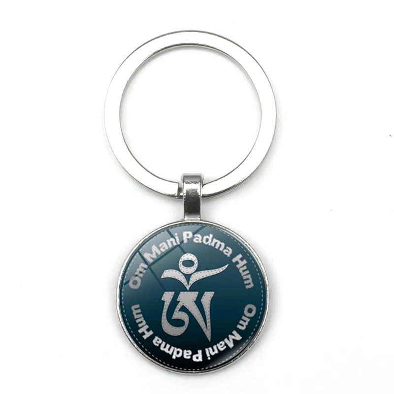 

Sacred Keychain Yoga Buddhist Meditation Chakra Halo Keyring Indian Mythical Amulet OM Bliss Glass Dome Pendant Souvenir Charm