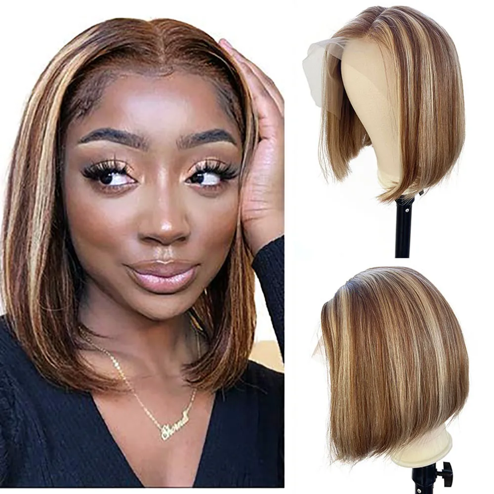 

Blonde Highlight T Part Lace Front Bob Wigs Ombre Straight 13x4x1 Middle Part Glueless Short Bob Wig Pre Plucked With Baby Hair