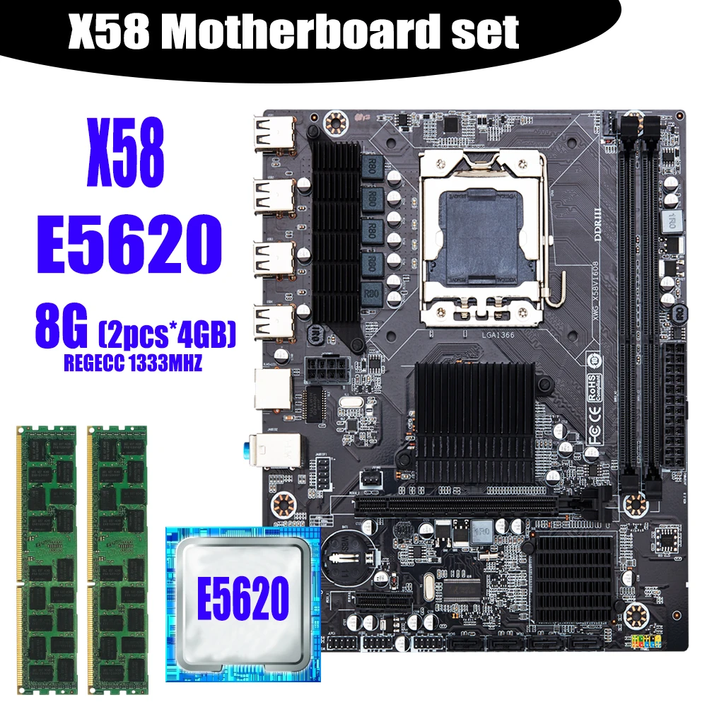 Материнская плата X58 LGA1366 combos E5620 ЦПУ 2 шт. x 4 ГБ = 8 DDR3 ОЗУ 1333 МГц PC3 10600R