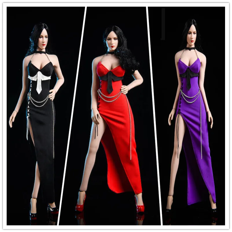 

19XG49 1/6 Scale female sexy clothes Ada Long sling slits Banquet evening dress red black purple for 12'' TBLeague phice