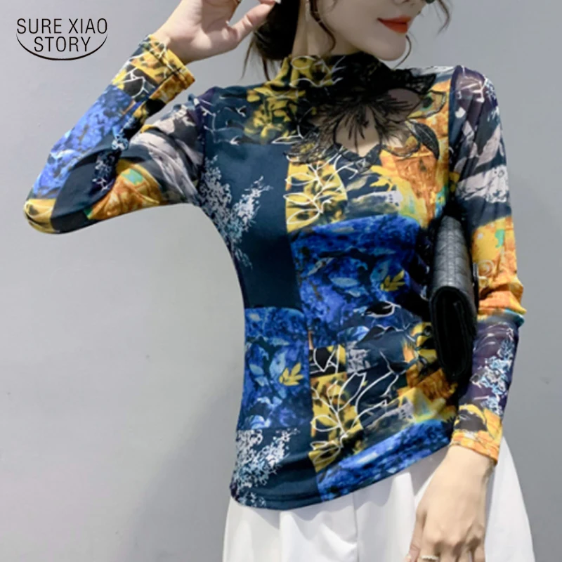Autumn Lace Slim Half High Collar Print Shirt Elegant Hook Flower Hollow Sexy Stitch Top Gauze Long Sleeve T-shirt Blusa 17007
Autumn Lace Slim Half High Collar Print Shirt Elegant Hook Flower Hollow Sexy Stitch Top Gauze Long Sleeve T-shirt Blusa 17007