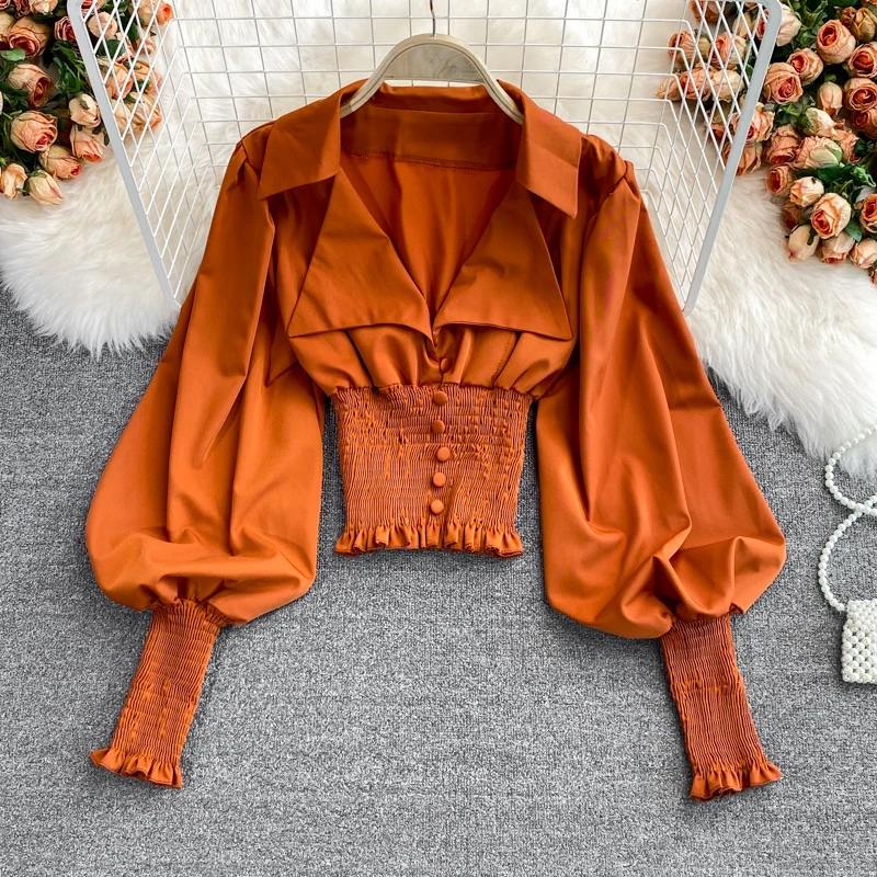Vintage Women's Blouse Solid Color V-neck Long Sleeve Blusas Female High Waist Slim Tunic Female All-matched Fashion Tide 2021
Vintage Women's Blouse Solid Color V-neck Long Sleeve Blusas Female High Waist Slim Tunic Female All-matched Fashion Tide 2021
