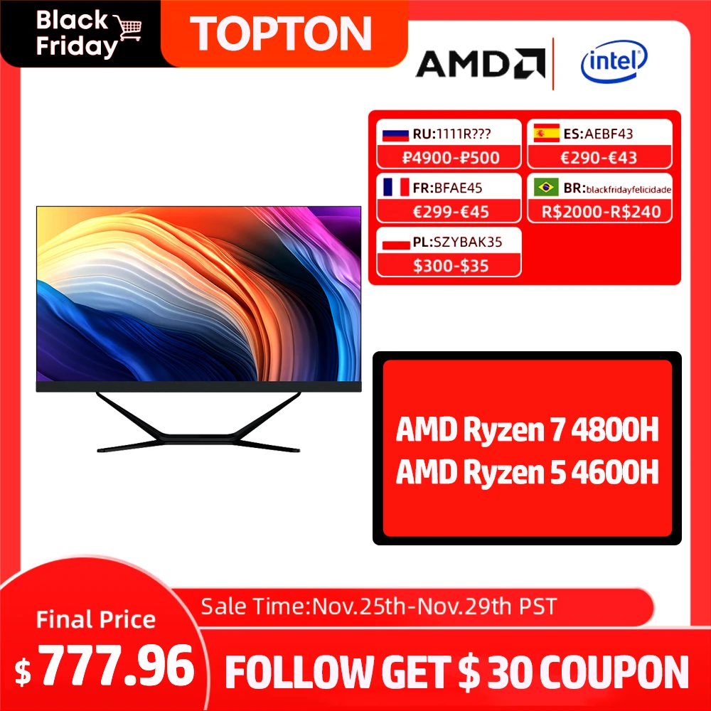 Настольный компьютер Topton AIO 23 8 дюймов HD IPS экран AMD Ryzen 5 4600H 64 Гб DDR4 2 ТБ Me M.2 SSD AX 200 WIFI 6