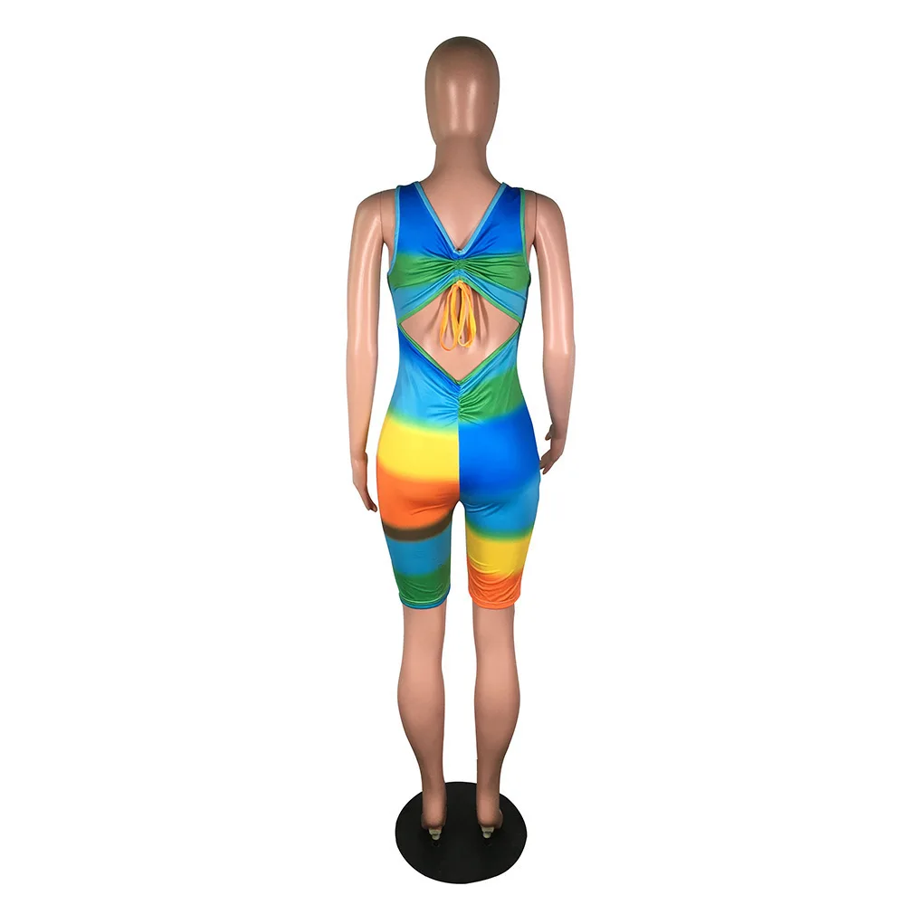 Rainbow Tie Dye Print Summer Playsuit for Women Low Neck Sleeveless Beach Bodysuit Summer Backless High Stretch Romper with Mask
Rainbow Tie Dye Print Summer Playsuit for Women Low Neck Sleeveless Beach Bodysuit Summer Backless High Stretch Romper with Mask