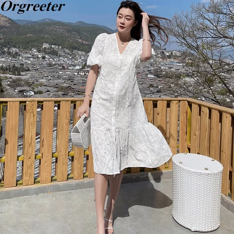 Женское платье с рукавами-фонариками, белое длинное платье с вышивкой и оборками, Повседневное платье большого размера с V-образным вырезом,... 
Женское платье с рукавами-фонариками, белое длинное платье с вышивкой и оборками, Повседневное платье большого размера с V-образным вырезом,...