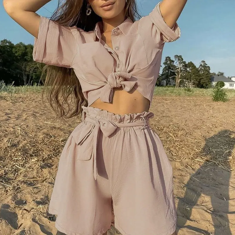 Casual Summer Shirts Two Piece Set Women Short Sleeve Button Tops And High Waist Shorts Fashion Retro Female Solid Suits Outfits
Casual Summer Shirts Two Piece Set Women Short Sleeve Button Tops And High Waist Shorts Fashion Retro Female Solid Suits Outfits