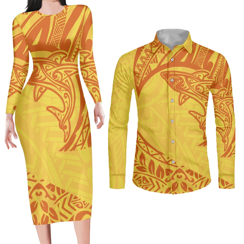 

HYCOOL Women Clothing Vendors Wholesale Samoan Tribal Print Yellow Dress Match Dress Shirt Men Polynesian Matching Couple Sets