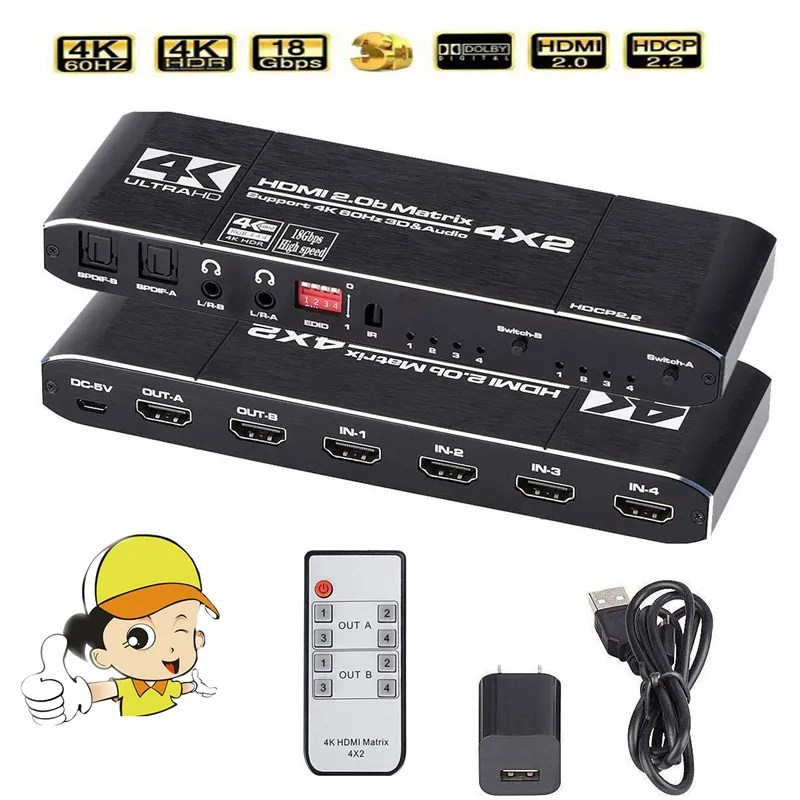 4K @ 60 Гц HDMI матрица 4x2 Переключатель сплиттер Поддержка HDCP 2,2 ИК пульт дистанционного управления HDMI переключатель 4x2 Spdif 4K HDMI 4x2 матричный пере...
4K @ 60 Гц HDMI матрица 4x2 Переключатель сплиттер Поддержка HDCP 2,2 ИК пульт дистанционного управления HDMI переключатель 4x2 Spdif 4K HDMI 4x2 матричный пере...