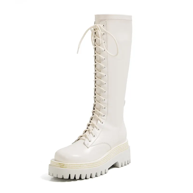 Genuine Leather White Mid-calf Women New Fashion Thick-soled Lace-up Knight Boots Round Toe High-heeled Long-tube Elastic Boots
Genuine Leather White Mid-calf Women New Fashion Thick-soled Lace-up Knight Boots Round Toe High-heeled Long-tube Elastic Boots