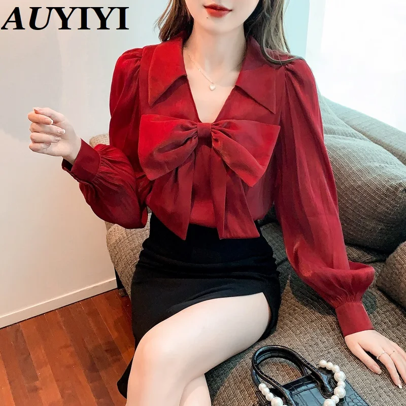 AUYIYI 2022 Spring And Autumn Fashion New French Retro Rust Red V-Neck Bow Shirt Gold-Plated Yarn Drape Women's Top
AUYIYI 2022 Spring And Autumn Fashion New French Retro Rust Red V-Neck Bow Shirt Gold-Plated Yarn Drape Women's Top