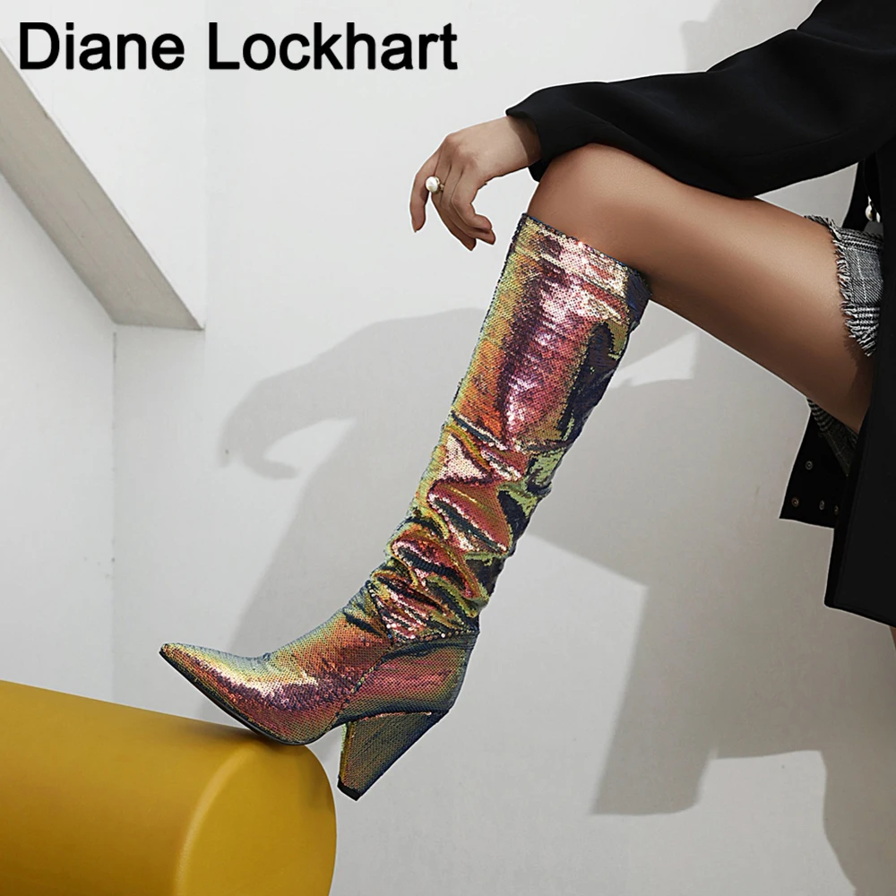 Slouch Wrinkle Women Boots Colorful Pointed Toe Thick Heels Folds Boots Woman Fashion Bling Leather Knee High Boots Winter Shoes 
Slouch Wrinkle Women Boots Colorful Pointed Toe Thick Heels Folds Boots Woman Fashion Bling Leather Knee High Boots Winter Shoes