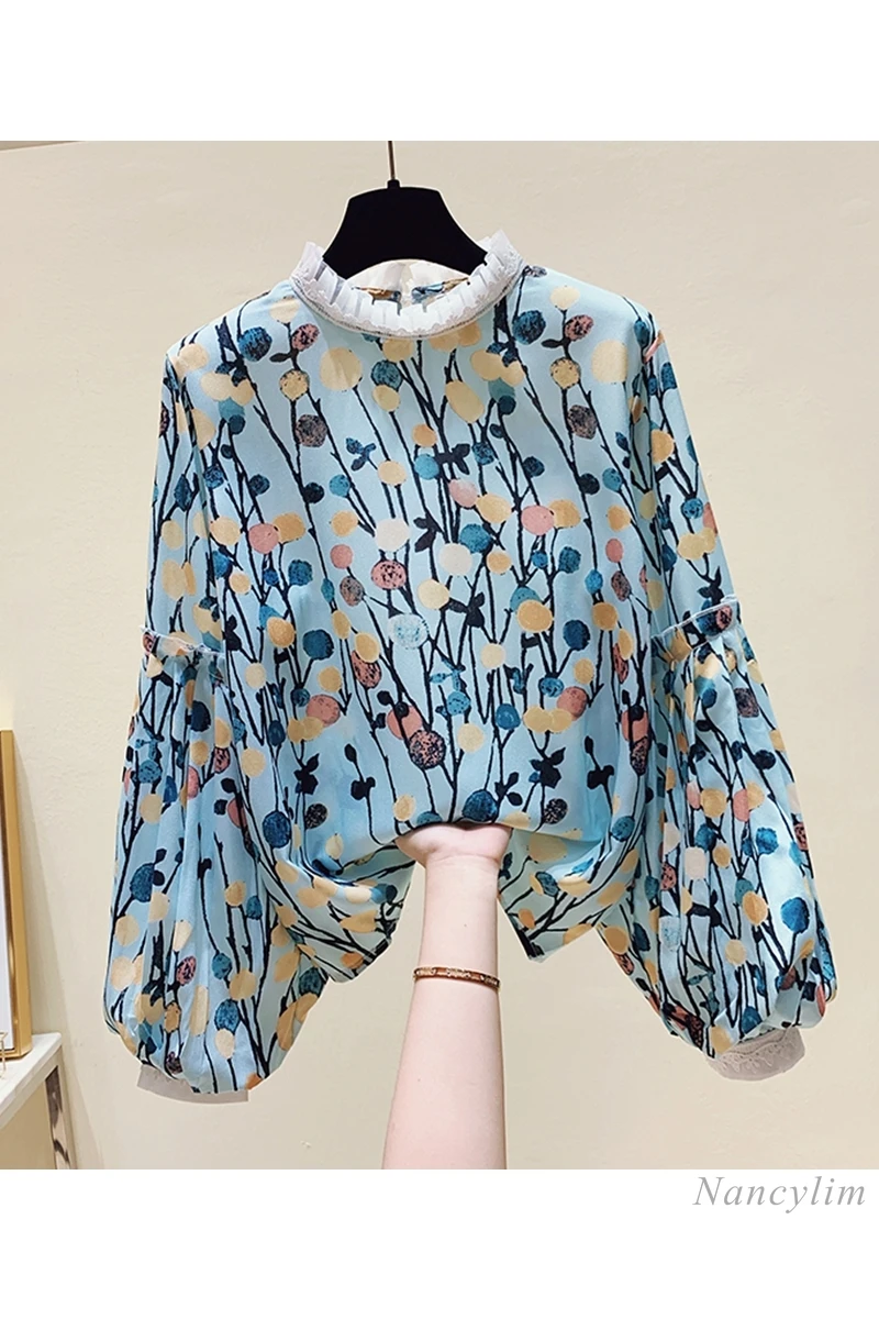 Long Lantern Sleeve Blouses Womens New Stand Collar Chiffon Shirt Fashion Print Ruffled Collar Loose Lady Tops Blusas Mujer 2021
Long Lantern Sleeve Blouses Womens New Stand Collar Chiffon Shirt Fashion Print Ruffled Collar Loose Lady Tops Blusas Mujer 2021