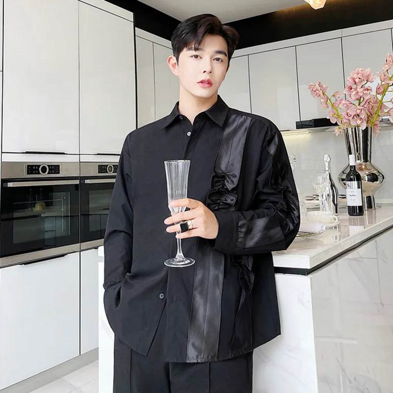 IEFB Men's Lapel Shirt 2021 Autumn Winter Fashion Design Long Sleeve Reffules Edge Silk Patchwork Black Shirts Loose Tops 9Y7962 
IEFB Men's Lapel Shirt 2021 Autumn Winter Fashion Design Long Sleeve Reffules Edge Silk Patchwork Black Shirts Loose Tops 9Y7962