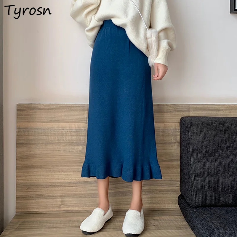 Trumpet Skirts Women Mid-calf Ruffles Solid Knitted Elegant Retro Soft Femme High Waist Temperament Korean Style Sweet Designed 
Trumpet Skirts Women Mid-calf Ruffles Solid Knitted Elegant Retro Soft Femme High Waist Temperament Korean Style Sweet Designed
