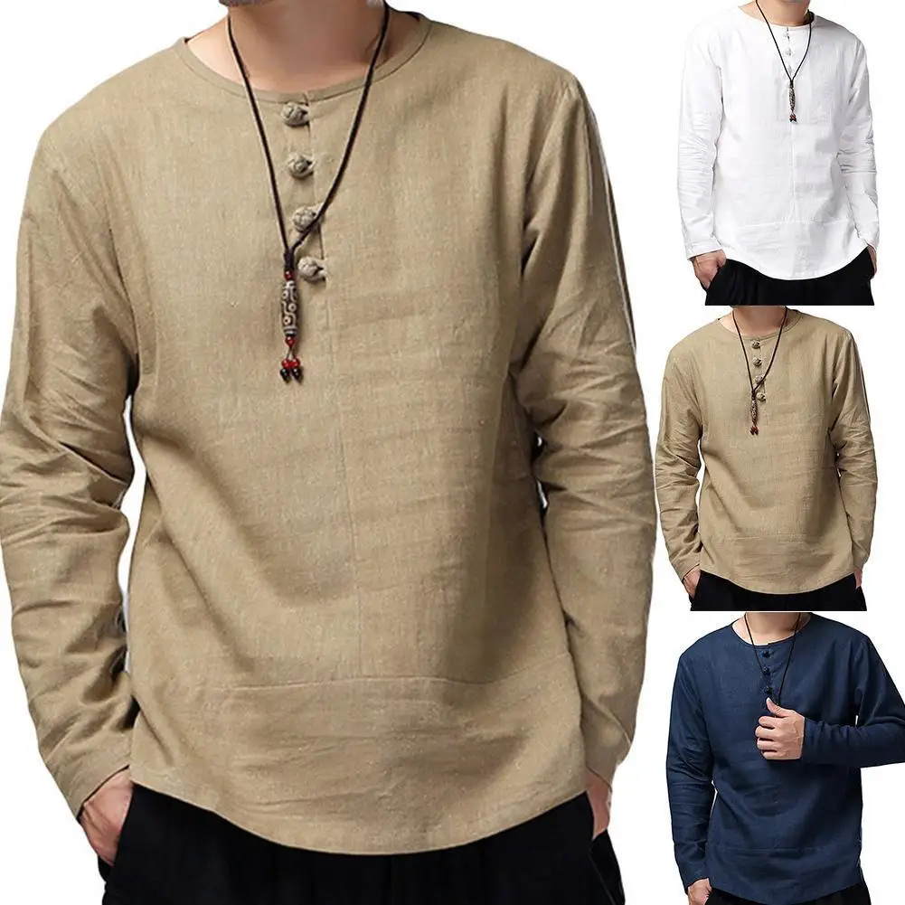 Men Casual Solid Color Long Sleeve O Neck Buttons Cotton Loose Pullover Shirt 
Men Casual Solid Color Long Sleeve O Neck Buttons Cotton Loose Pullover Shirt