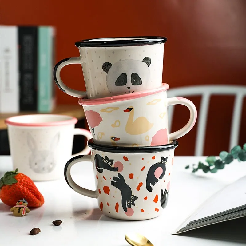 

Керамическая кружка для завтрака с милыми наклейками, 300 мл, кофейные кружки с рисунком панды и молока, овса, керамические чашки с подглазурь...